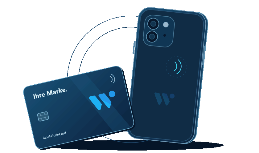 NFC-Scan: Die BlockchainCard wird an die obere Rückseite des Smartphones gehalten. Die sichtbaren Kameras zeigen die Rückseite; ein Häkchen bestätigt den Scan.